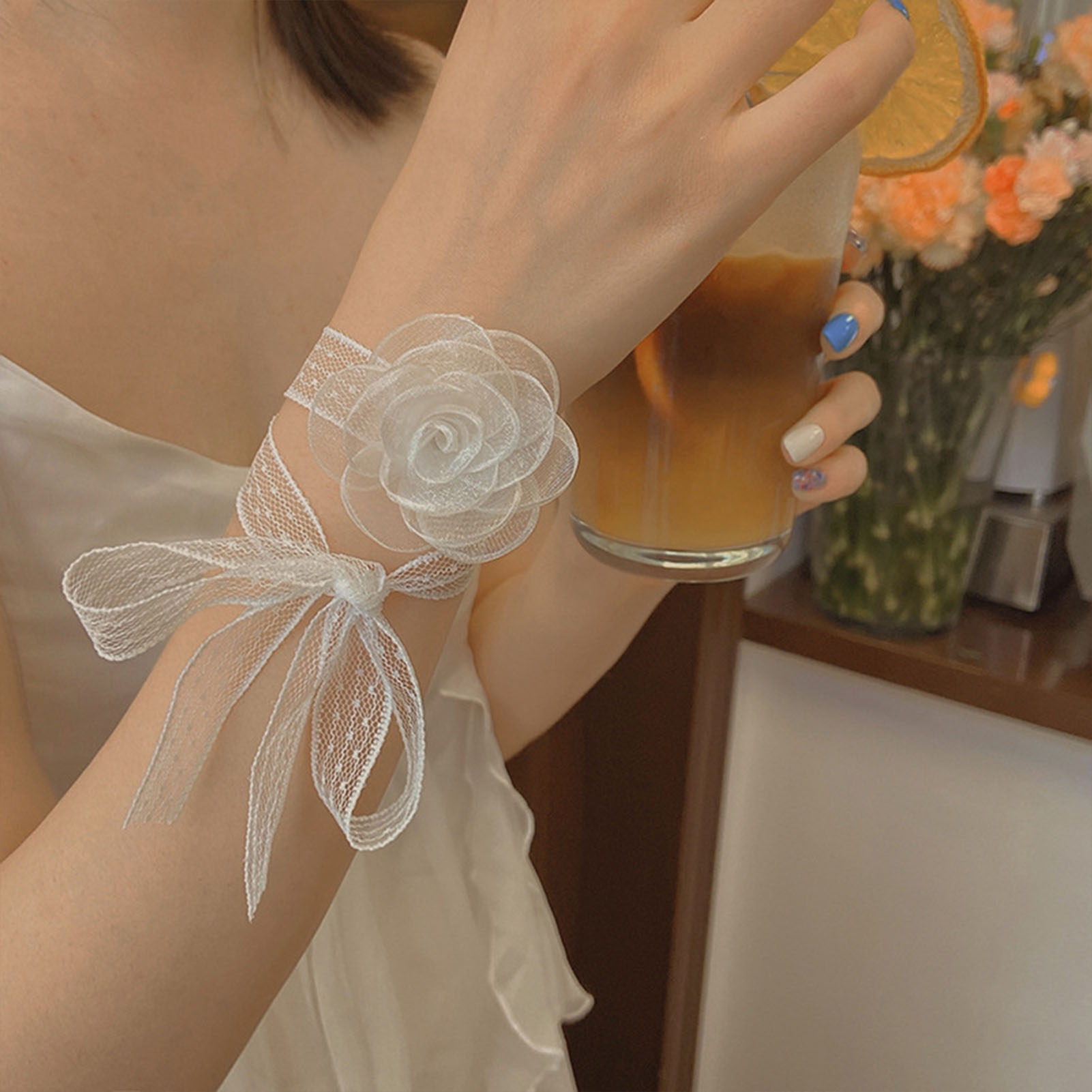 Lace Ribbon Trim - レースリボンタイヘッドバンド、ローズ装飾付き、調節可能なレースアップヘアリース、結婚式、ブライドメイド、デート、ショッピング、女性用
