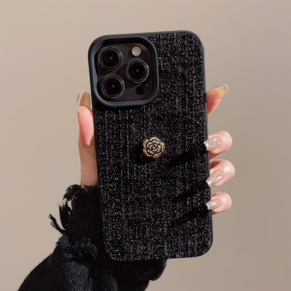 Embroidery Embellishments - 高級3Dゴールデンカメリアフラワー柄スマホケース iPhone 17 Air 16 15