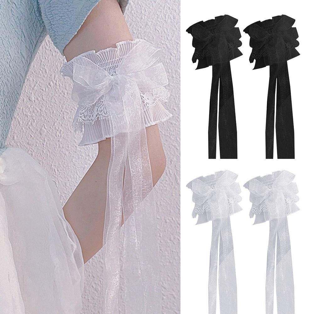 Lace Ribbon Trim - 伸縮性のあるフリルレースアームウォーマー、レイヤードウォーマー、フローラルスリーブ、ロングリボン、オーバースリーブ、手首の袖口、ブライダル