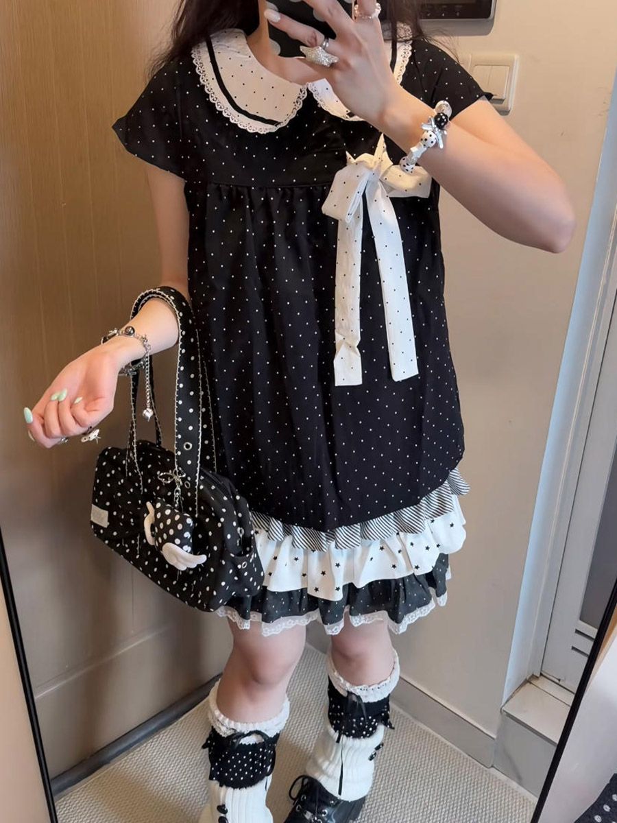 Y2Kカワイイ和風水玉柄ツーピースセット レディース ドール - Lace Ribbon Trim のレビューと価格
